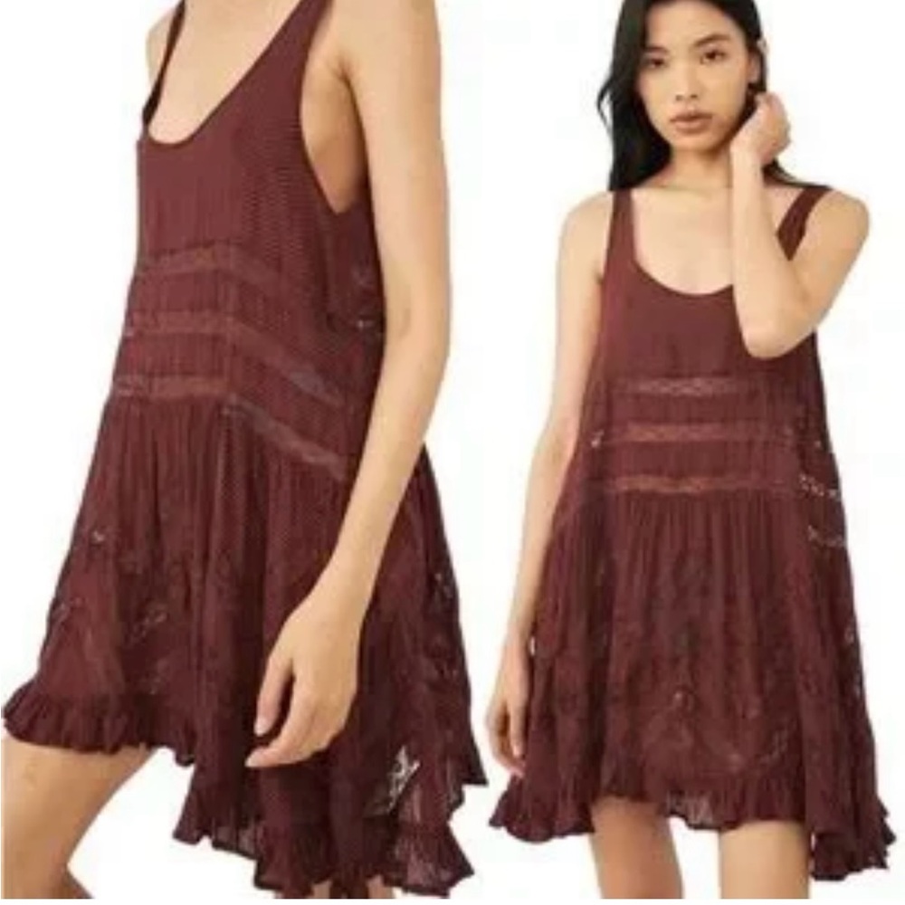 Free People Voile Lace Trapeze Sheer Slip Tunic Tank Dress Burgandy Size M